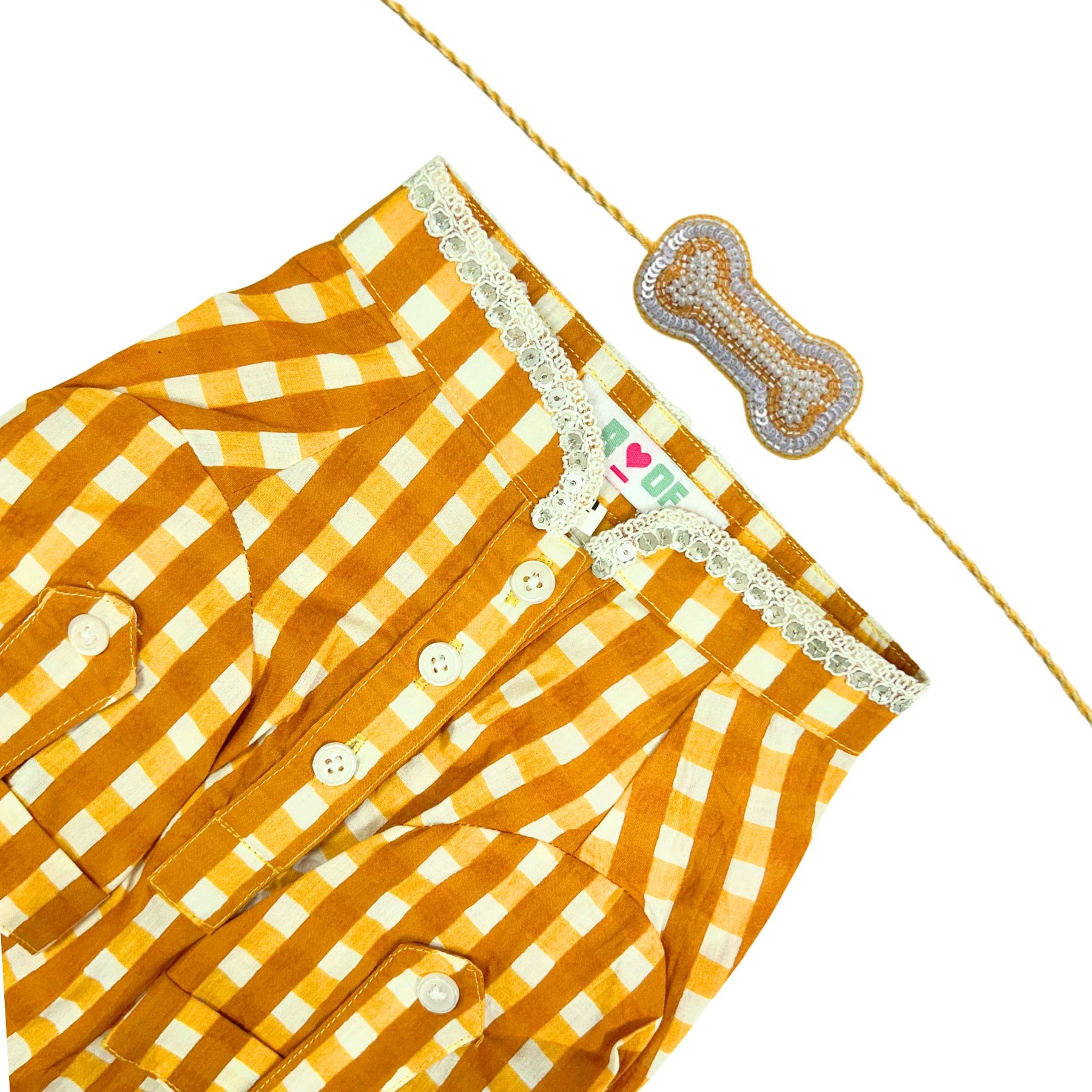 YELLOW CHECKERED COTTON KURTA + SILVER YELLOW PEARL BONE RAKHI FOR DOGS AND CATS