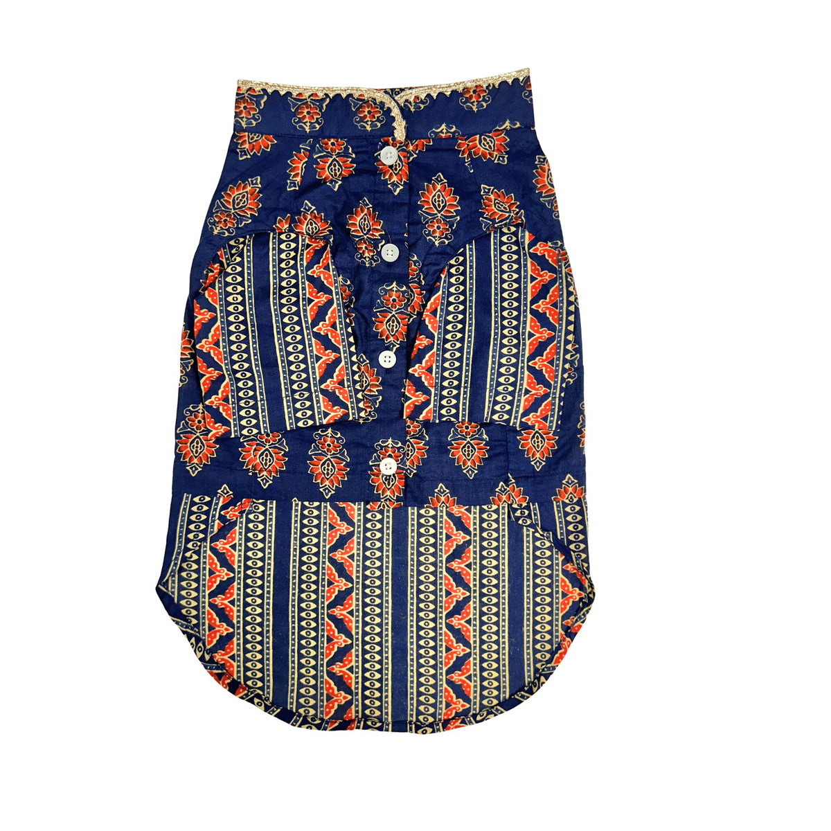 NEEL AJRAKH COTTON KURTA + BLUE BONE GOLD RAKHI FOR DOGS AND CATS