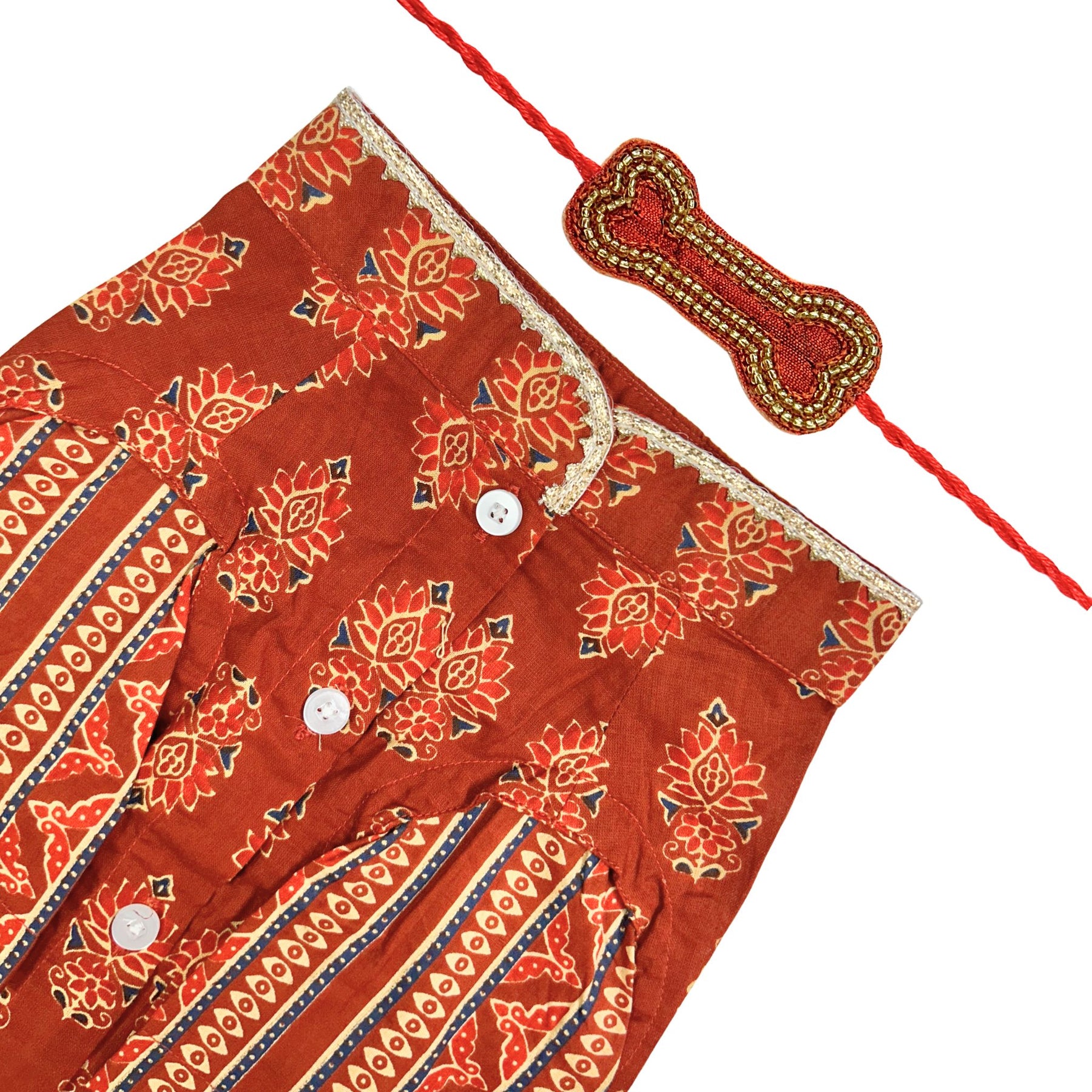 SHAHI GUL COTTON KURTA + ORANGE GOLD BONE RAKHI FOR DOGS AND CATS