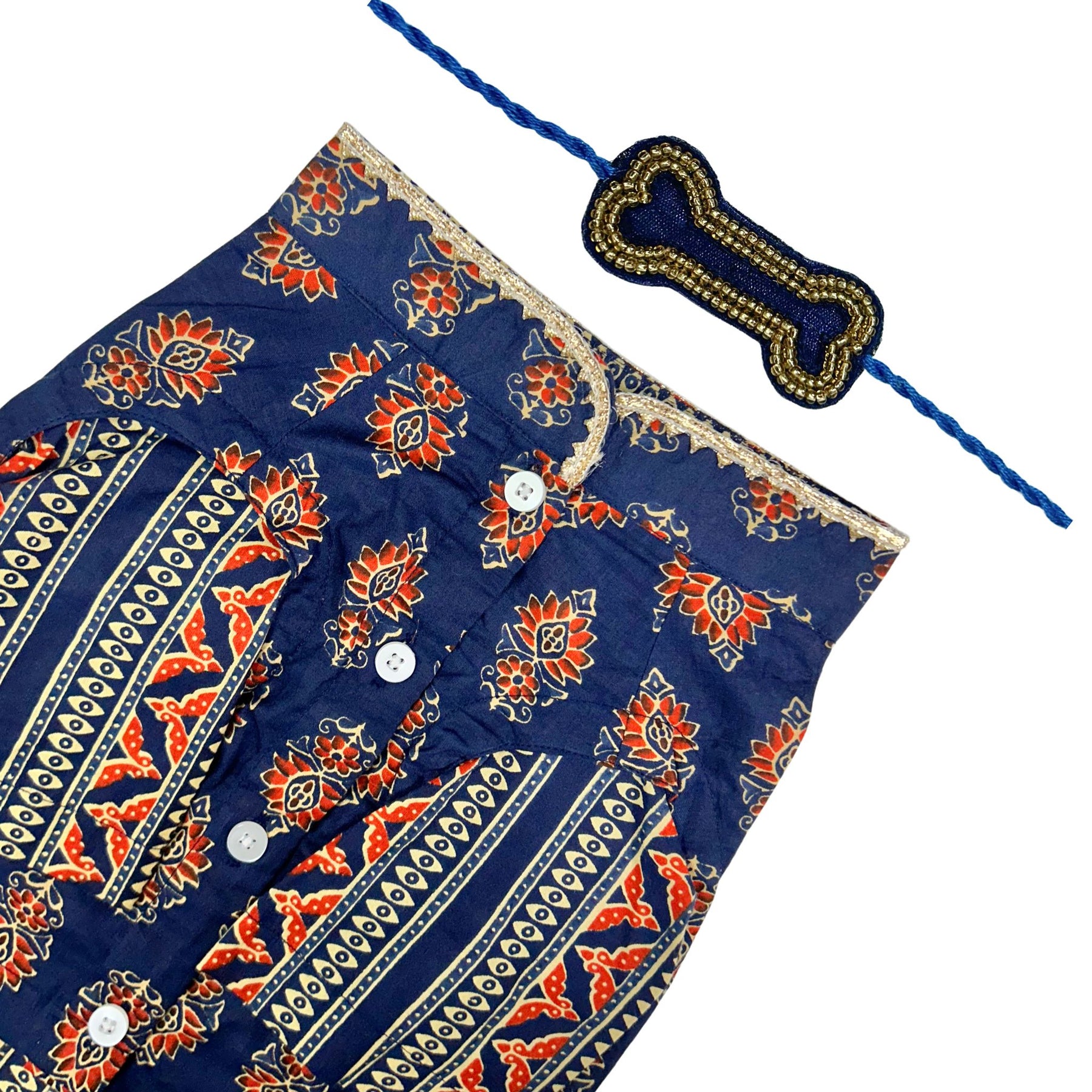 NEEL AJRAKH COTTON KURTA + BLUE BONE GOLD RAKHI FOR DOGS AND CATS