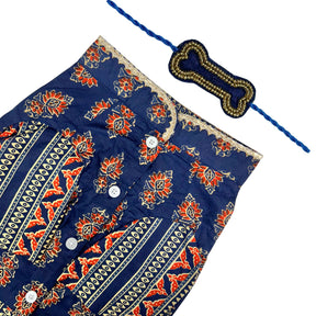 NEEL AJRAKH COTTON KURTA + BLUE BONE GOLD RAKHI FOR DOGS AND CATS