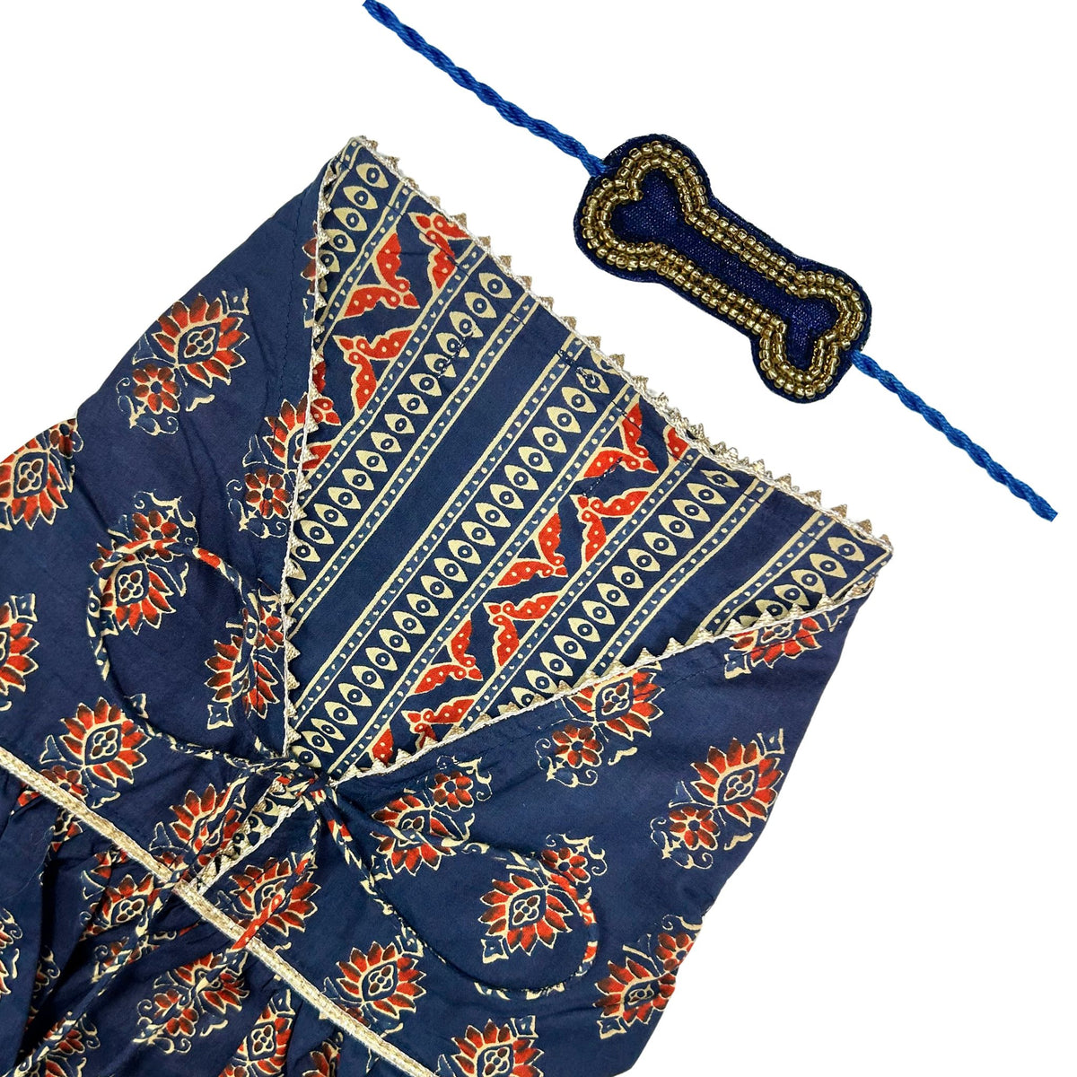 NEEL AJRAKH COTTON ANARKALI + BLUE GOLD BONE RAKHI FOR DOGS AND CATS