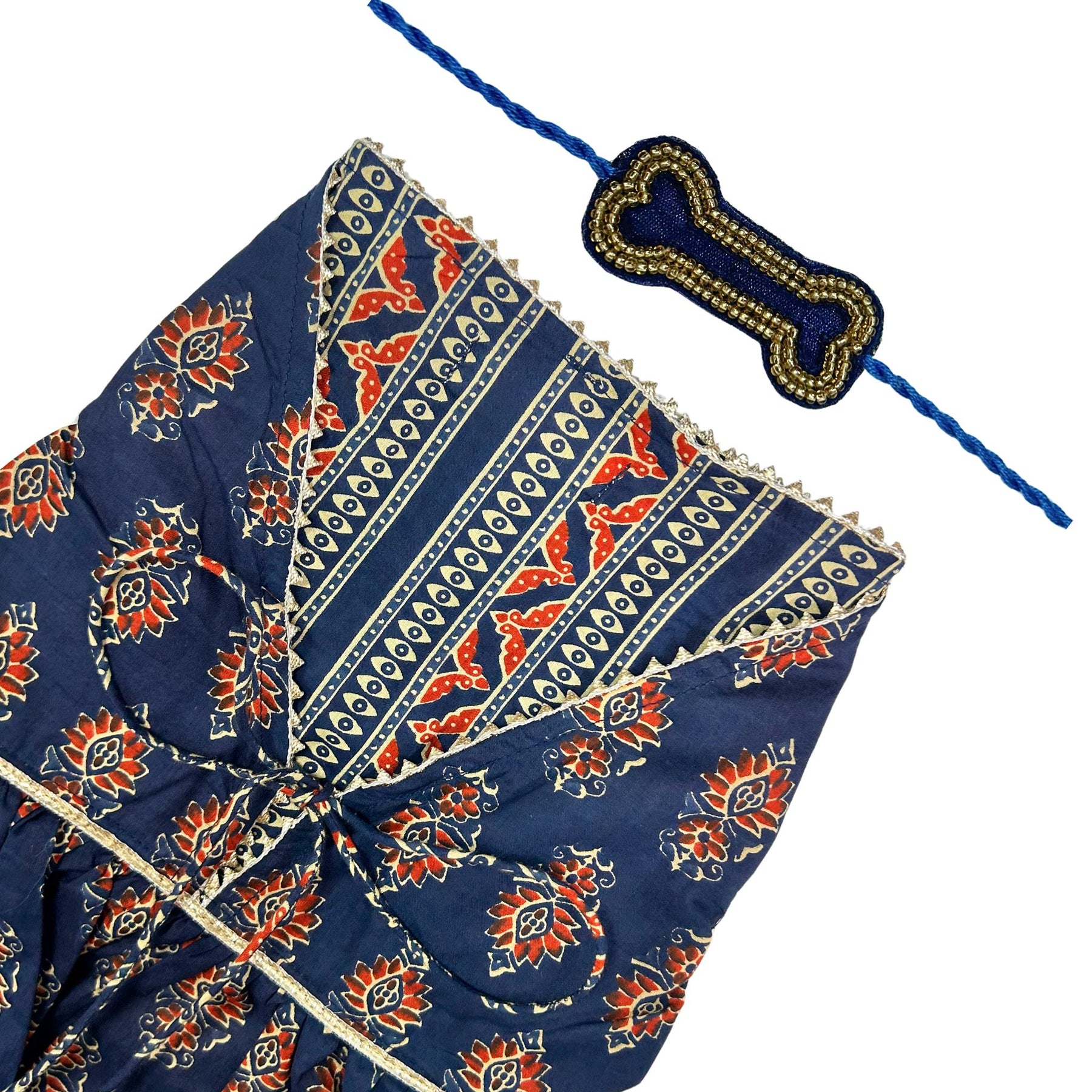 NEEL AJRAKH COTTON ANARKALI + BLUE GOLD BONE RAKHI FOR DOGS AND CATS
