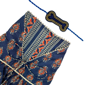 NEEL AJRAKH COTTON ANARKALI + BLUE GOLD BONE RAKHI FOR DOGS AND CATS