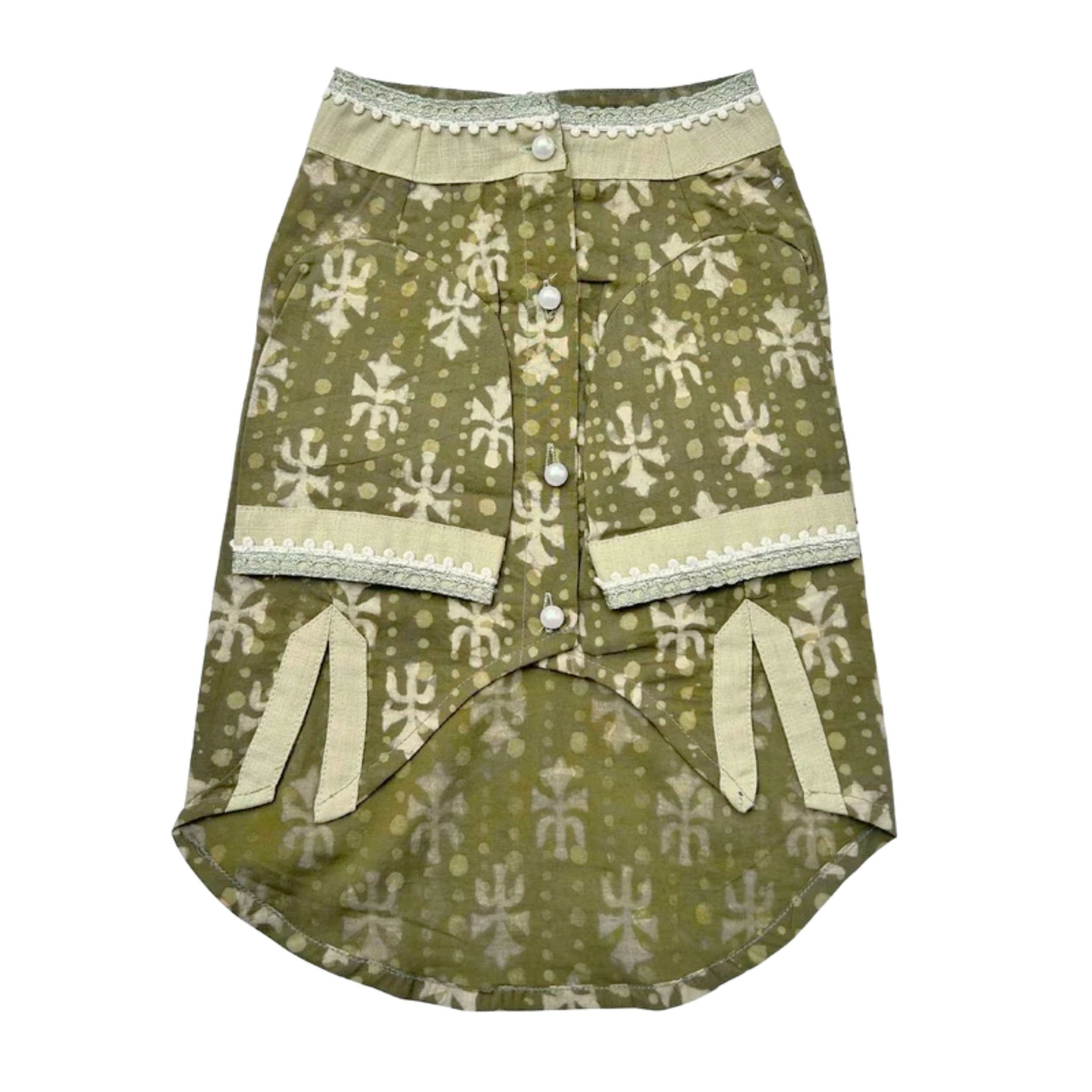 MEHENDI GREEN BATIK PRINT COTTON KURTA + LIGHT GREEN BONE RAKHI FOR DOGS AND CATS