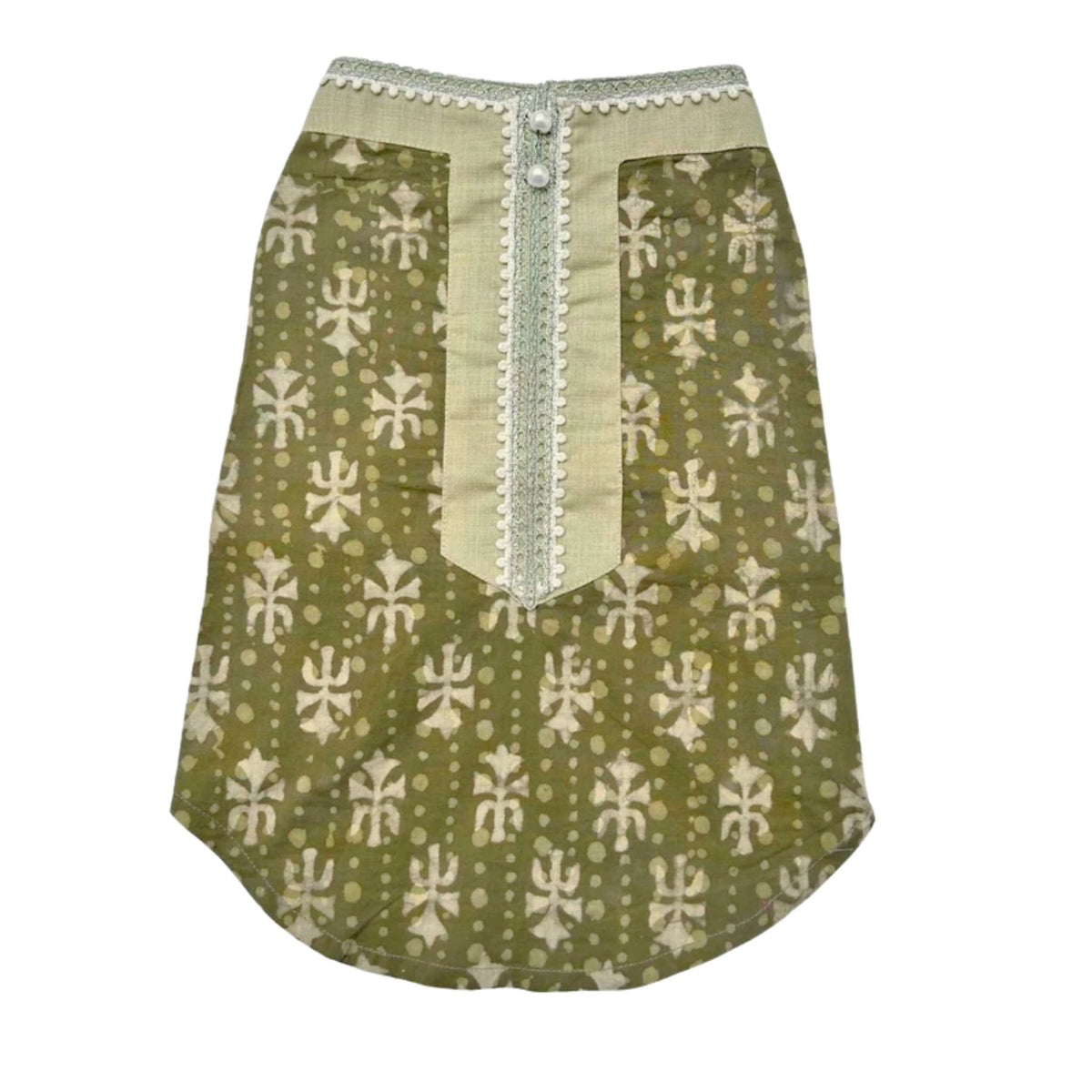 MEHENDI GREEN BATIK PRINT COTTON KURTA + LIGHT GREEN BONE RAKHI FOR DOGS AND CATS