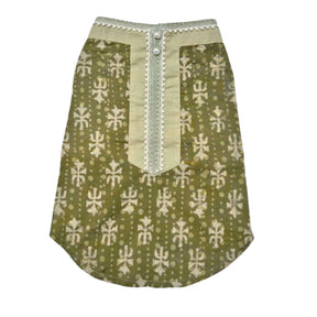 MEHENDI GREEN BATIK PRINT COTTON KURTA + LIGHT GREEN BONE RAKHI FOR DOGS AND CATS