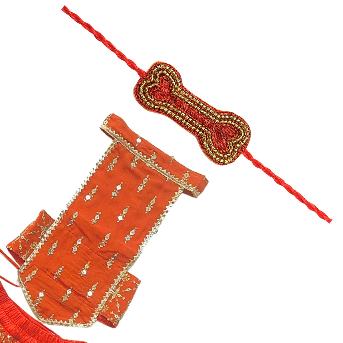ORANGE FESTIVE LEHENGA + ORANGE GOLD BONE RAKHI FOR DOGS AND CATS