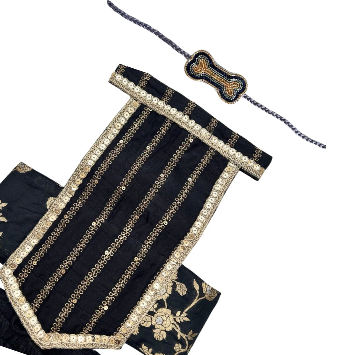 BLACK GOLD BROCADE LEHENGA + NAVY BLUE BONE RAKHI FOR DOGS AND CATS