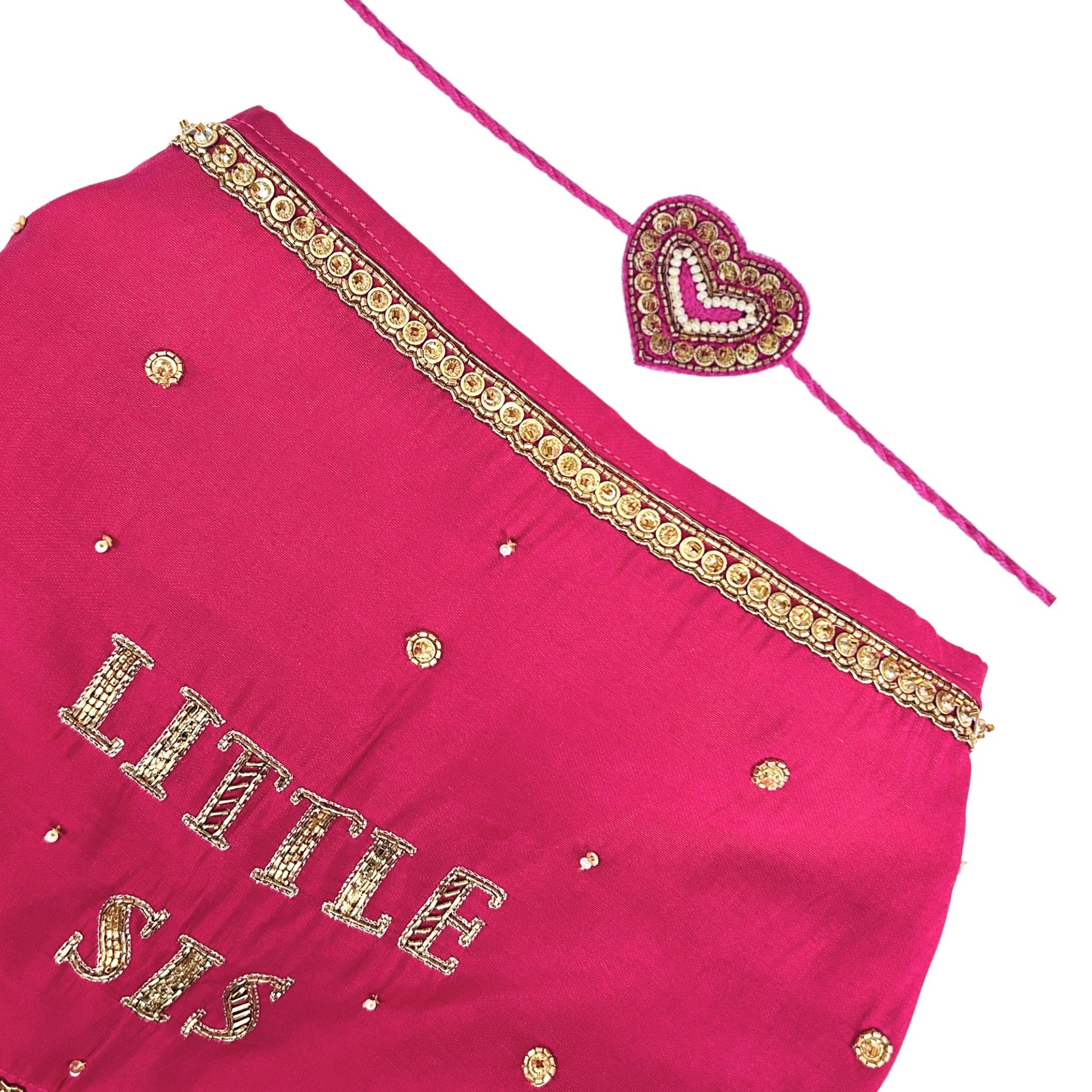 LITTLE SIS ROYAL HAND EMBROIDERED LEHENGA + PINK HEART EMBROIDERED SET RAKHI FOR DOGS AND CATS