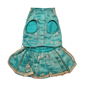 TEAL BLUE TISSUE FLORAL SEQUINS LEHENGA + EMERALD GREEN BONE RAKHI FOR DOGS AND CATS