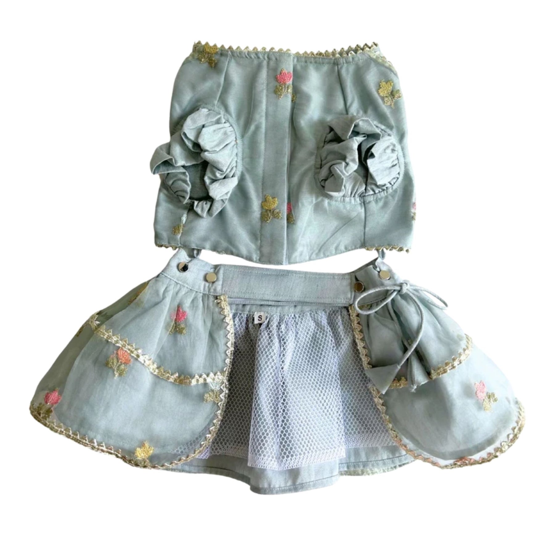 DAINTY FLORAL LIGHT BLUE LEHENGA + SILVER BLUE BONE RAKHI FOR DOGS AND CATS