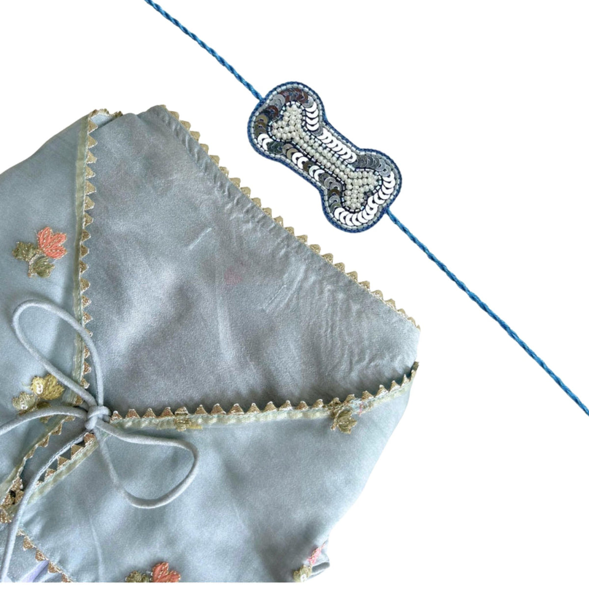 DAINTY FLORAL LIGHT BLUE LEHENGA + SILVER BLUE BONE RAKHI FOR DOGS AND CATS