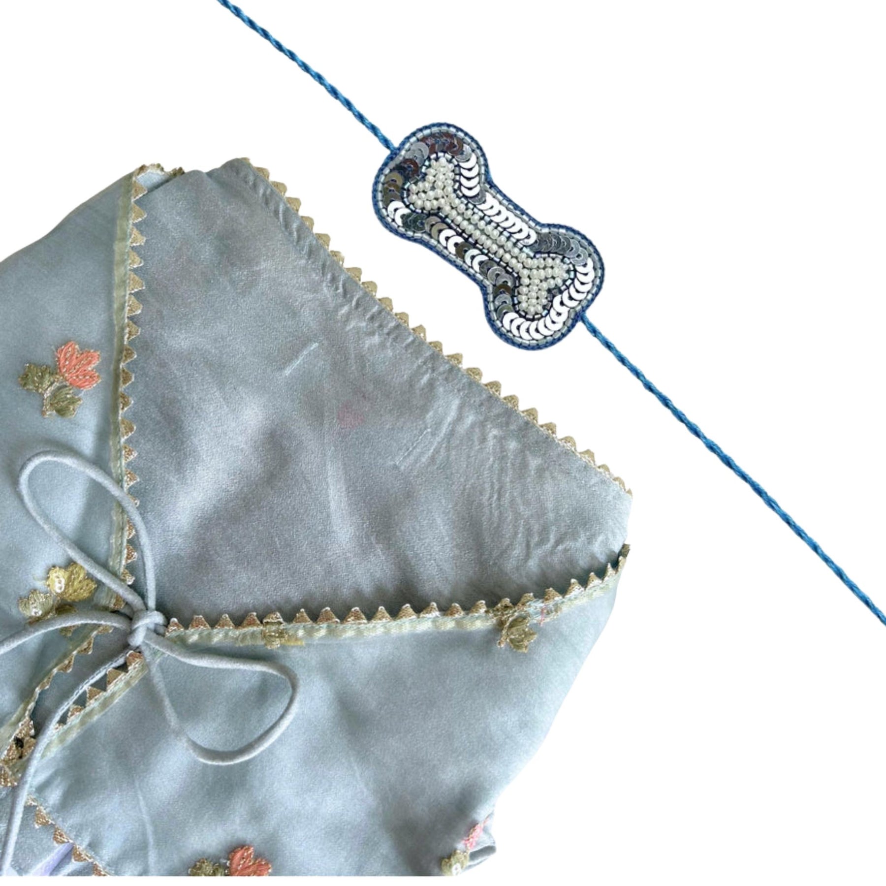 DAINTY FLORAL LIGHT BLUE LEHENGA + SILVER BLUE BONE RAKHI FOR DOGS AND CATS