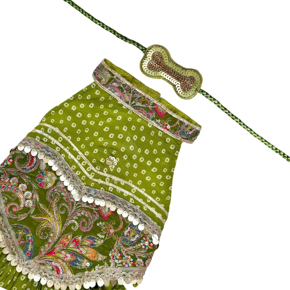 MEHENDI GREEN BANDHANI PRINT HALTER NECK LEHENGA + LIGHT GREEN BONE RAKHI FOR DOGS AND CATS