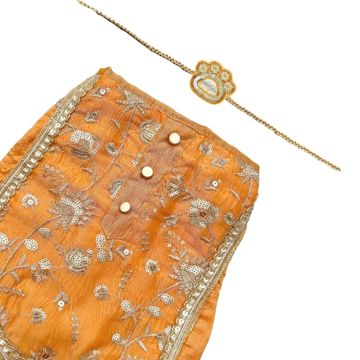 MUSTARD YELLOW FLORAL SEQUINS LEHENGA + YELLOW PAW-SOME RAKHI FOR DOGS AND CATS