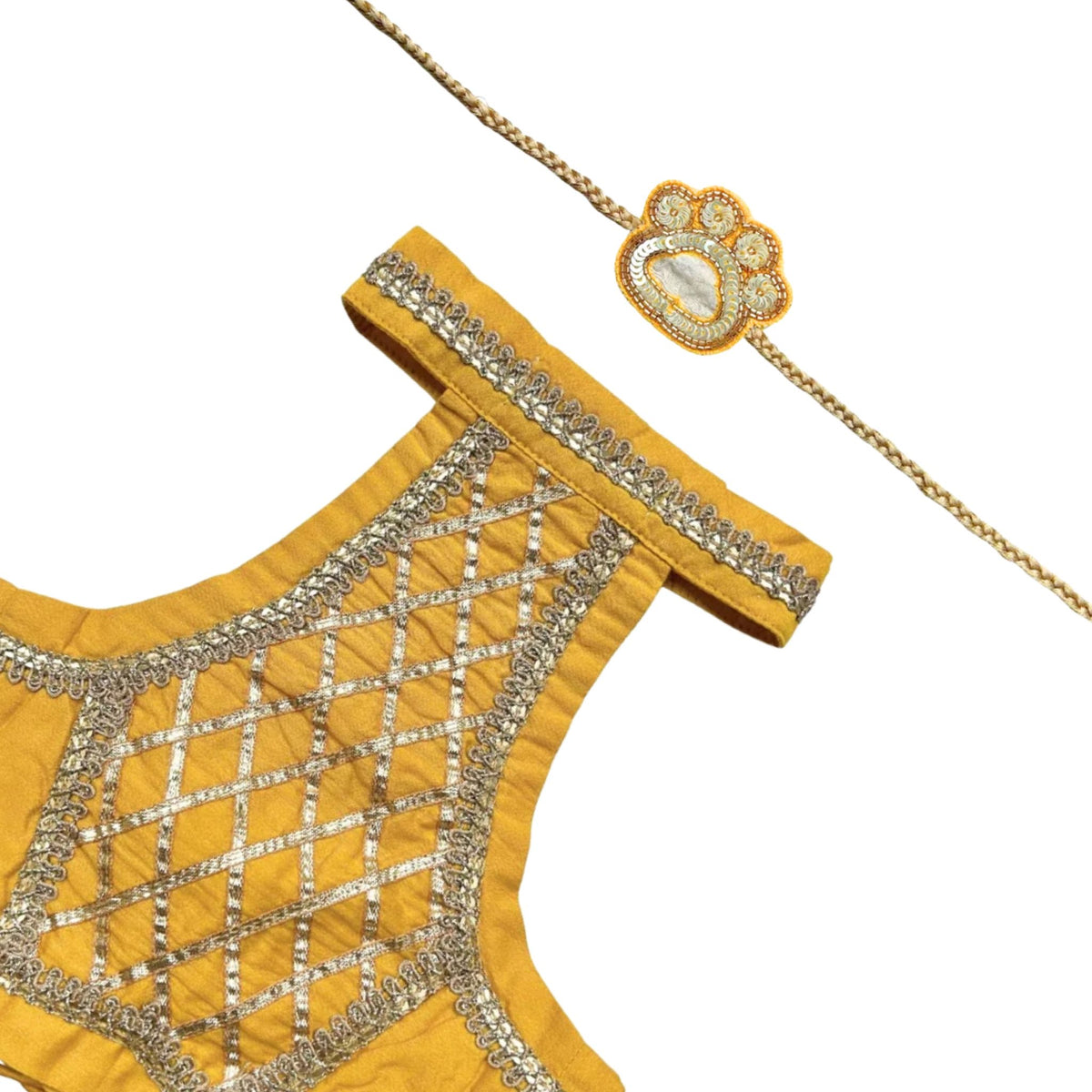 MUSTARD YELLOW LACE DETAILED HALTER NECK LEHENGA + YELLOW PAW-SOME RAKHI FOR DOGS AND CATS