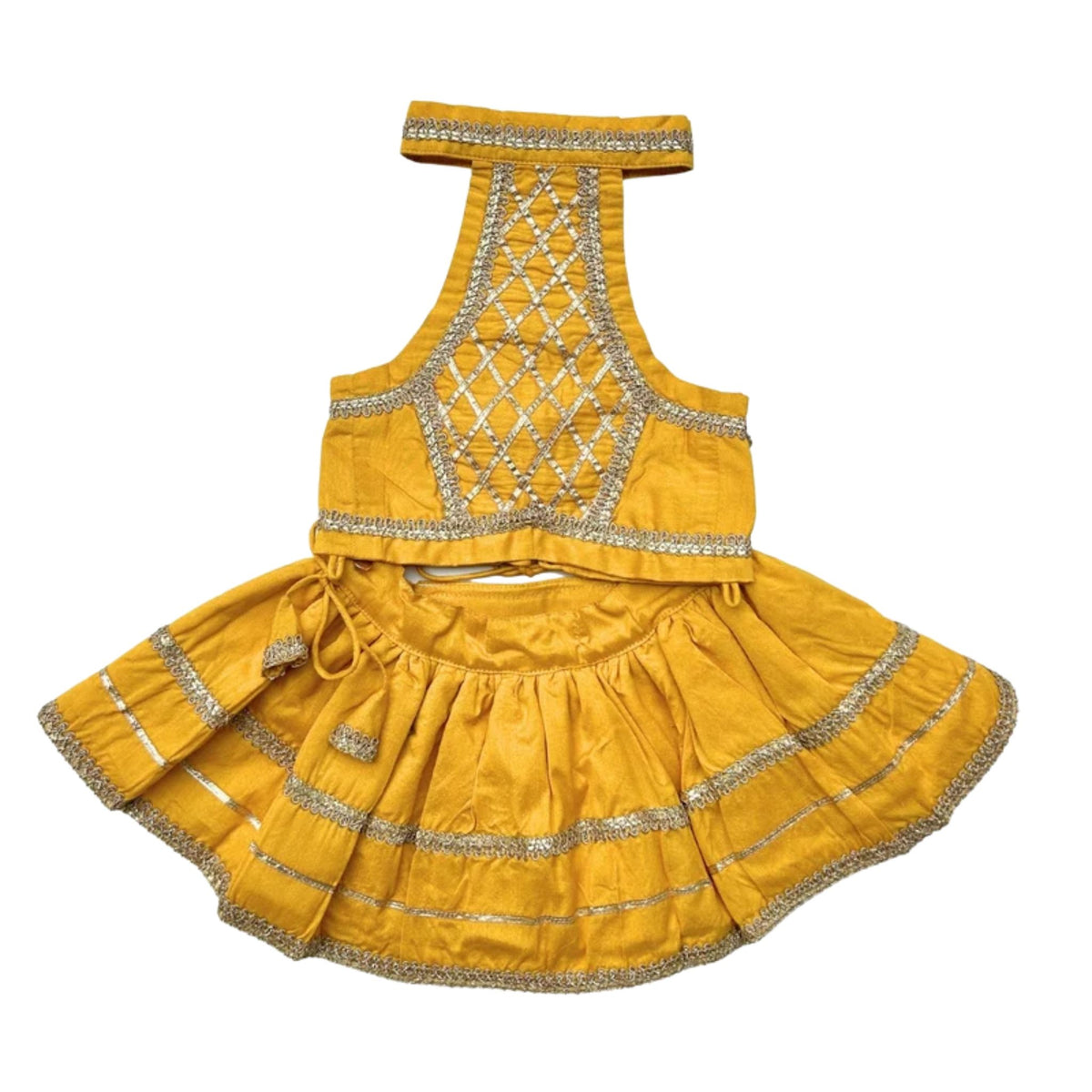 MUSTARD YELLOW LACE DETAILED HALTER NECK LEHENGA + YELLOW PAW-SOME RAKHI FOR DOGS AND CATS
