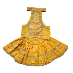 MUSTARD YELLOW LACE DETAILED HALTER NECK LEHENGA + YELLOW PAW-SOME RAKHI FOR DOGS AND CATS