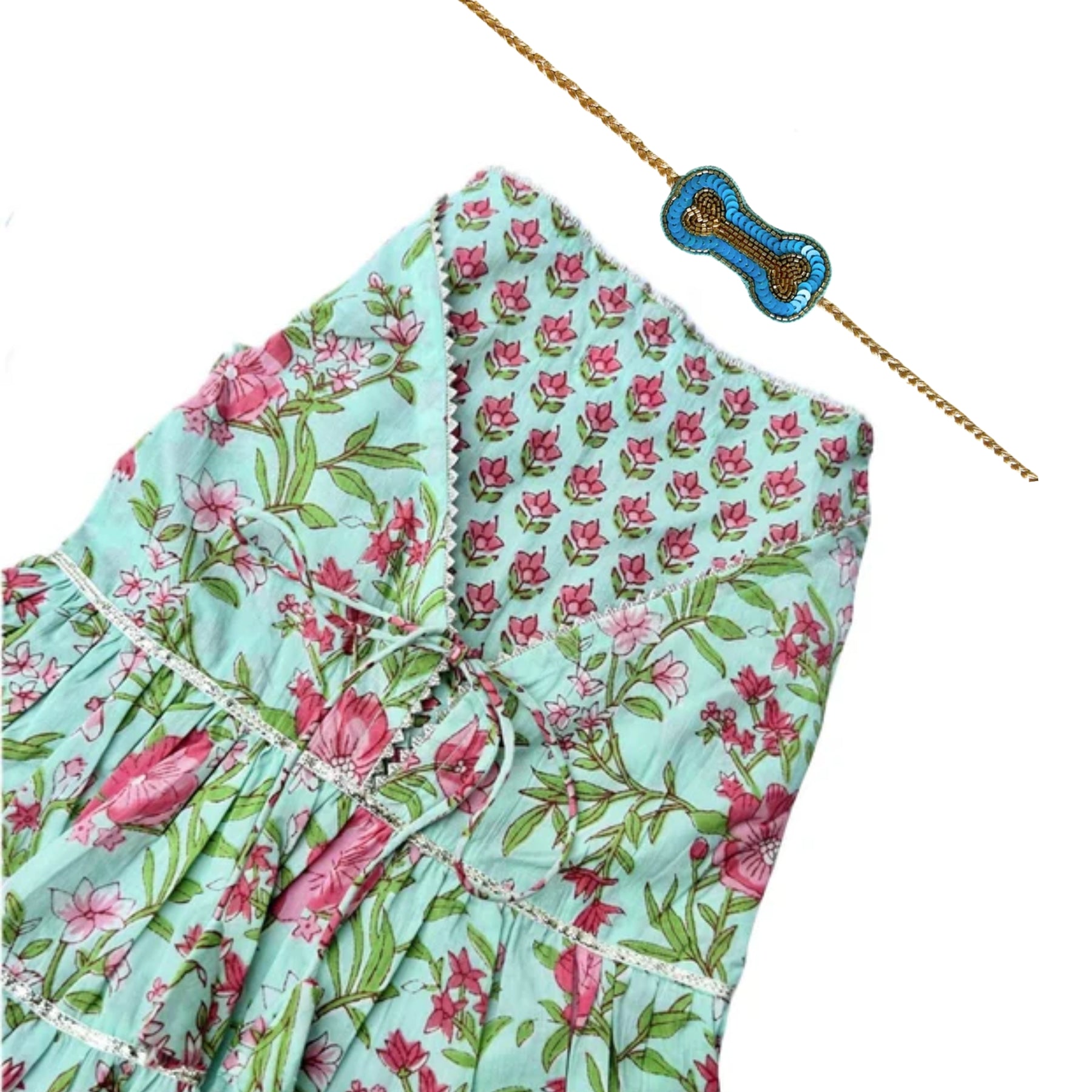 AQUA FLORAL ANARKALI + BLUE BONE RAKHI FOR DOGS AND CATS
