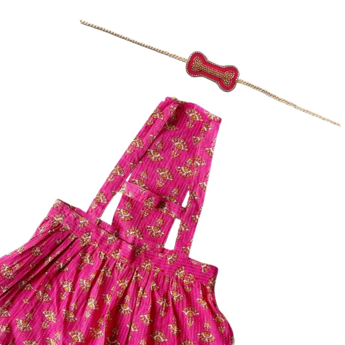 PINK BUTTI DRESS + PINK GOLD BONE RAKHI FOR DOGS AND CATS