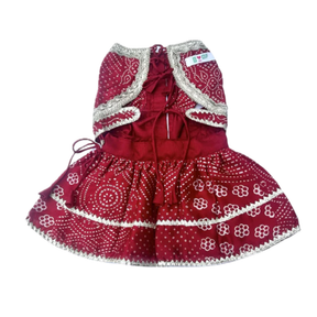 RED BANDHANI DOG LEHENGA + LITTLE SISTER HEART RAKHI FOR DOGS AND CATS