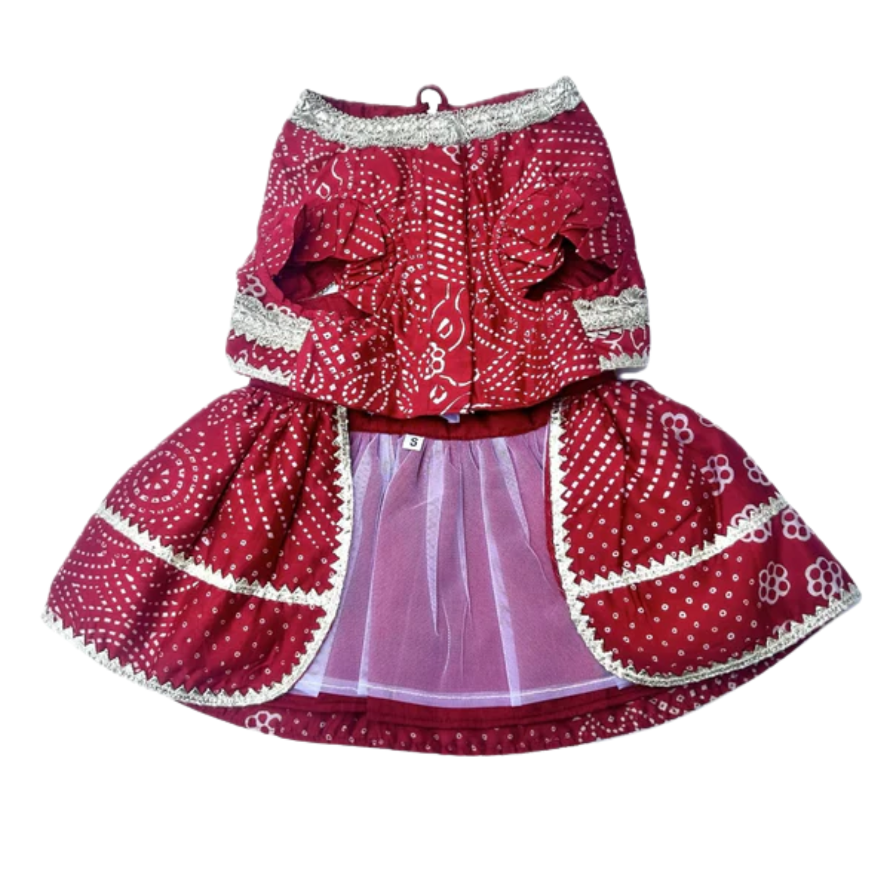RED BANDHANI DOG LEHENGA + LITTLE SISTER HEART RAKHI FOR DOGS AND CATS