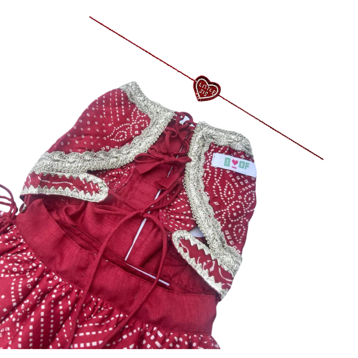 RED BANDHANI DOG LEHENGA + LITTLE SISTER HEART RAKHI FOR DOGS AND CATS