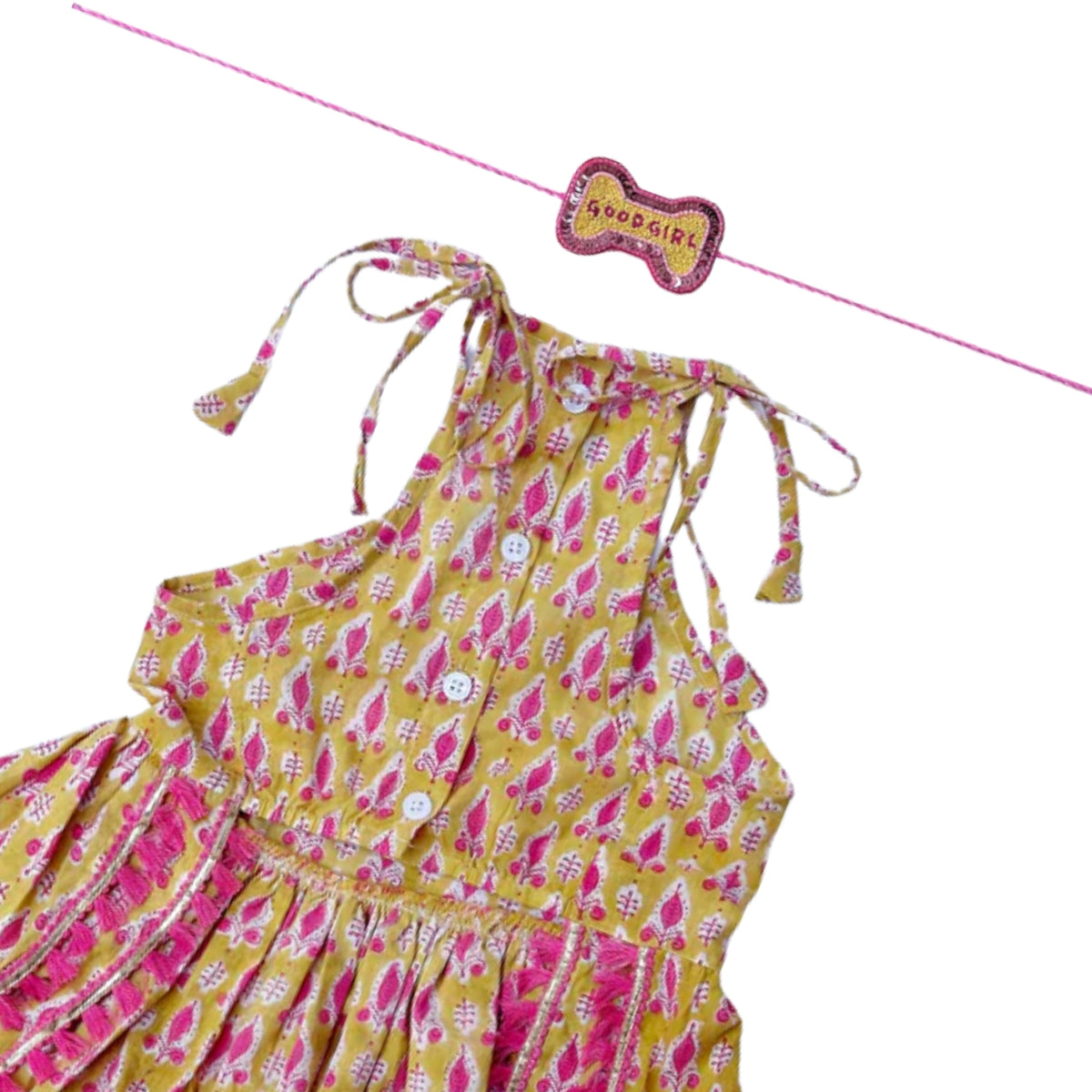 YELLOW TIE-UP DRESS + GOOD GIRL BONE RAKHI FOR DOGS AND CATS