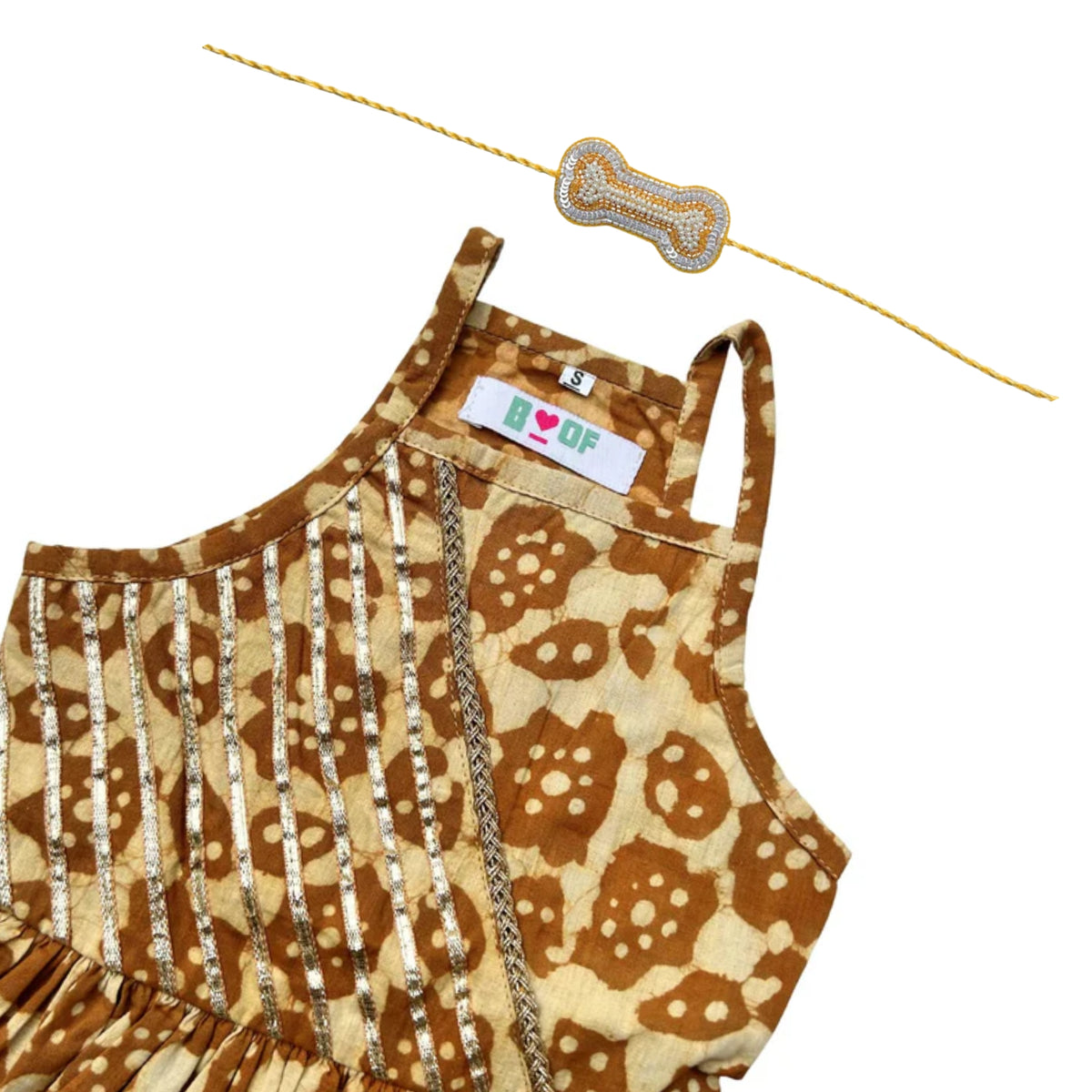 BROWN & BEIGE BATIK DRESS + SILVER YELLOW PEARL RAKHI FOR DOGS AND CATS
