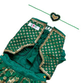 EMERALD GREEN GOLD LEHENGA + GREEN HEART RAKHI FOR DOGS AND CATS