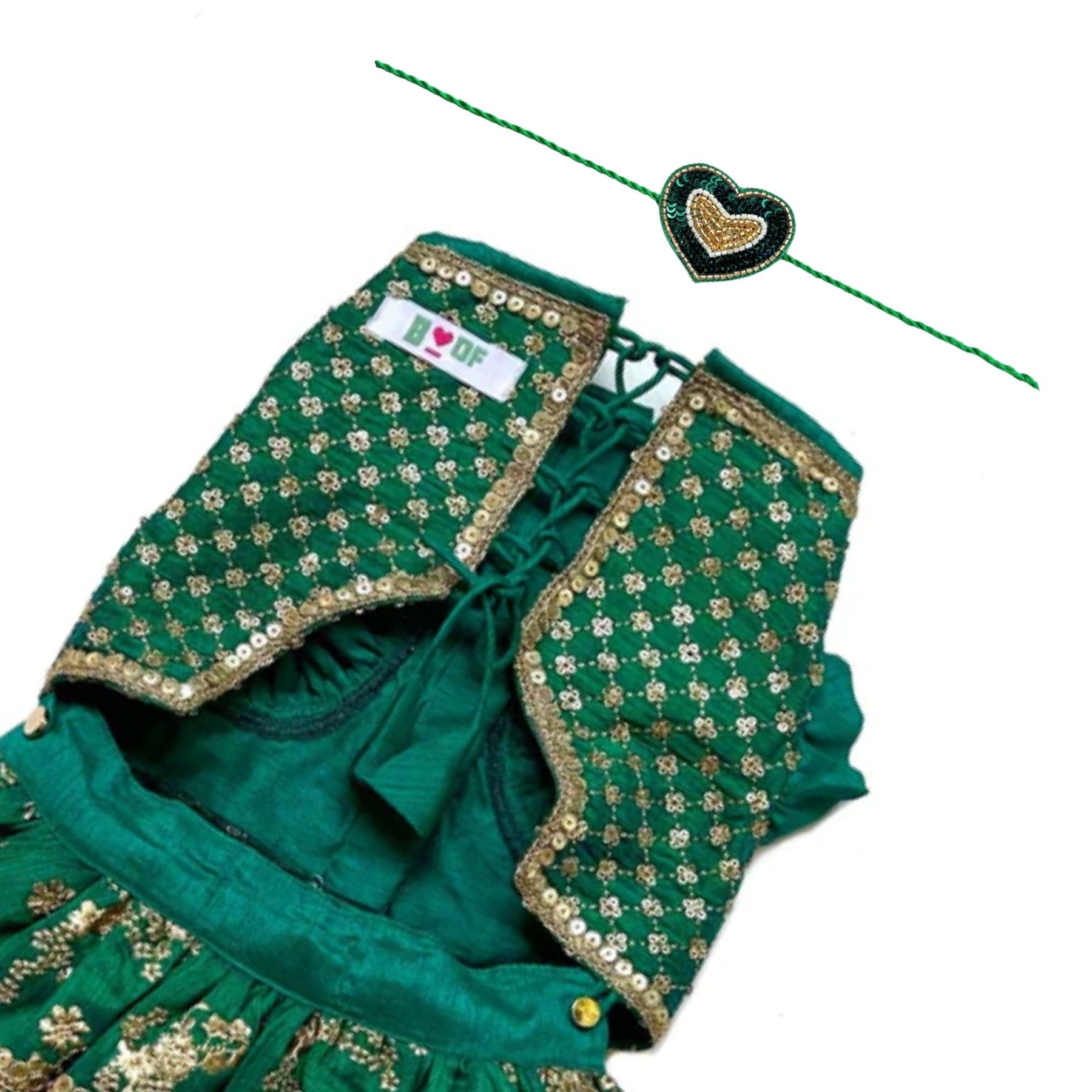 EMERALD GREEN GOLD LEHENGA + GREEN HEART RAKHI FOR DOGS AND CATS