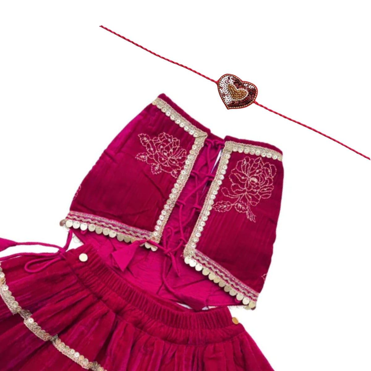 ROYAL ROSE VELVET LEHENGA + RED HEART RAKHI FOR DOGS AND CATS