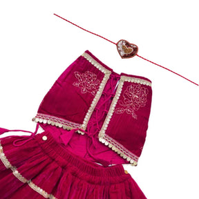 ROYAL ROSE VELVET LEHENGA + RED HEART RAKHI FOR DOGS AND CATS