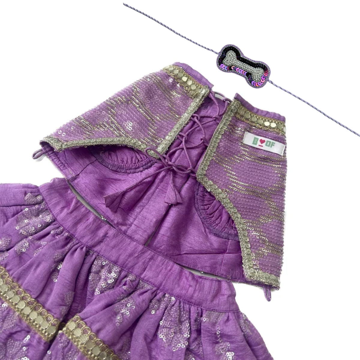 LAVENDER SEQUINS LEHENGA + PURPLE PEARL RAKHI FOR DOGS AND CATS