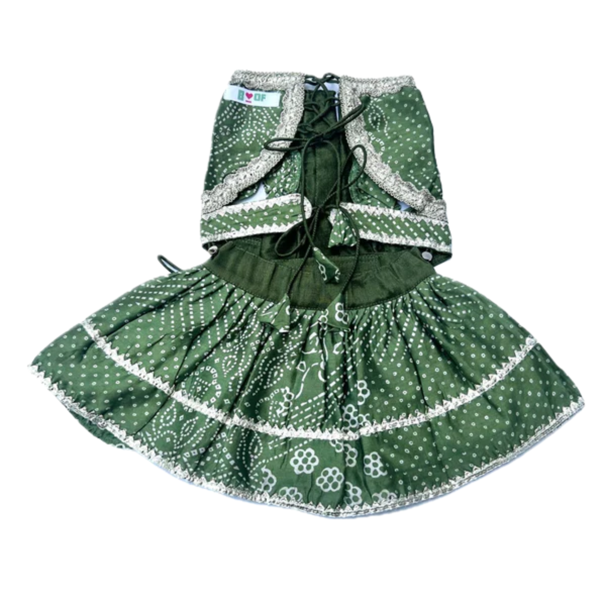 GREEN BANDHANI DOG LEHENGA + LIGHT GREEN BONE RAKHI FOR DOGS AND CATS