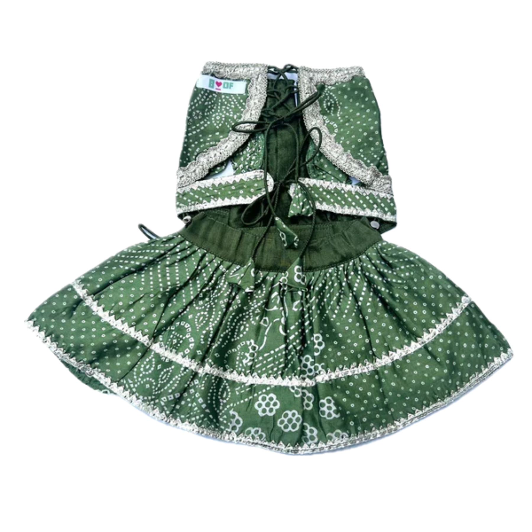 GREEN BANDHANI DOG LEHENGA + LIGHT GREEN BONE RAKHI FOR DOGS AND CATS