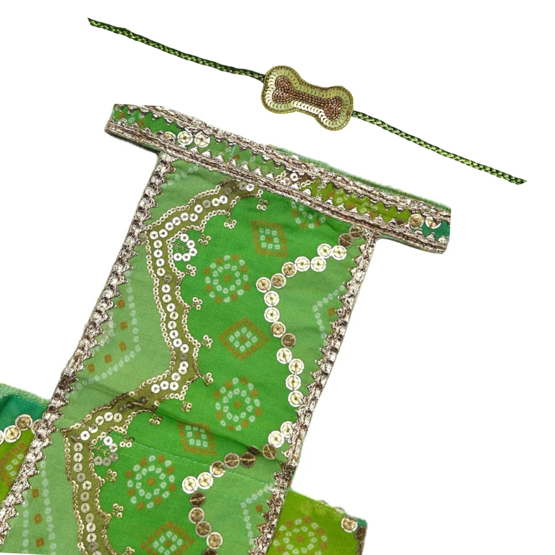 GREEN CHEVRON LEHENGA + LIGHT GREEN BONE RAKHI FOR DOGS AND CATS