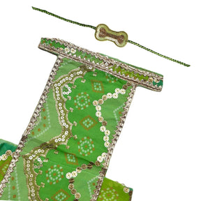 GREEN CHEVRON LEHENGA + LIGHT GREEN BONE RAKHI FOR DOGS AND CATS