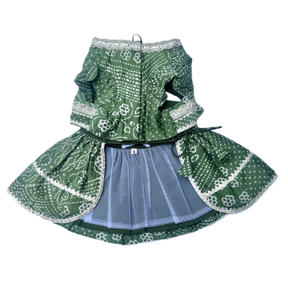 GREEN BANDHANI DOG LEHENGA + LIGHT GREEN BONE RAKHI FOR DOGS AND CATS