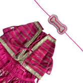MAGENTA PINK BROCADE MIRROR WORK DOG LEHENGA + SILVER PINK PEARL BONE RAKHI FOR DOGS AND CATS