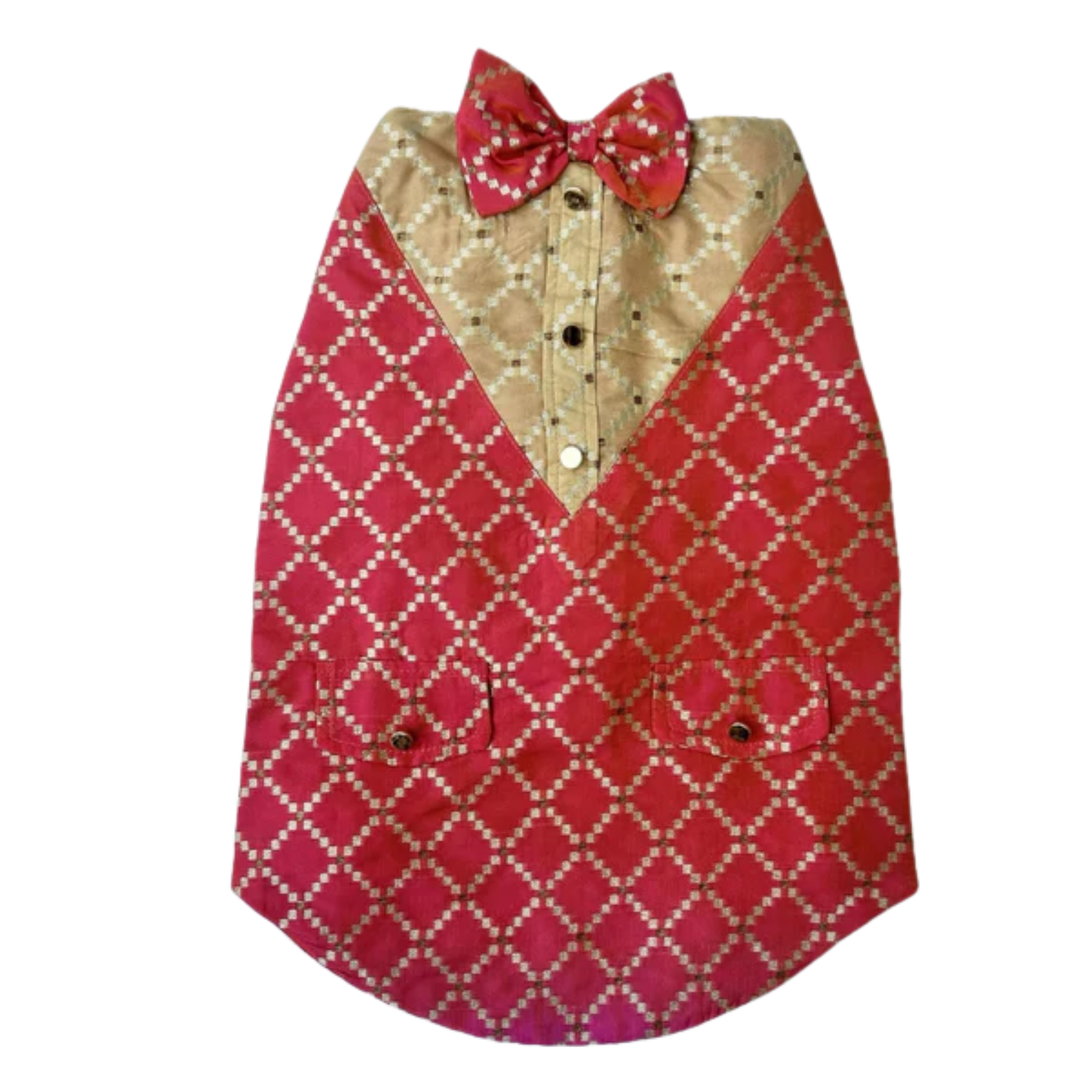 TWO TONE RED BROCADE BOW DOG SHERWANI + RED BONE RAKHI FOR DOGS AND CATS