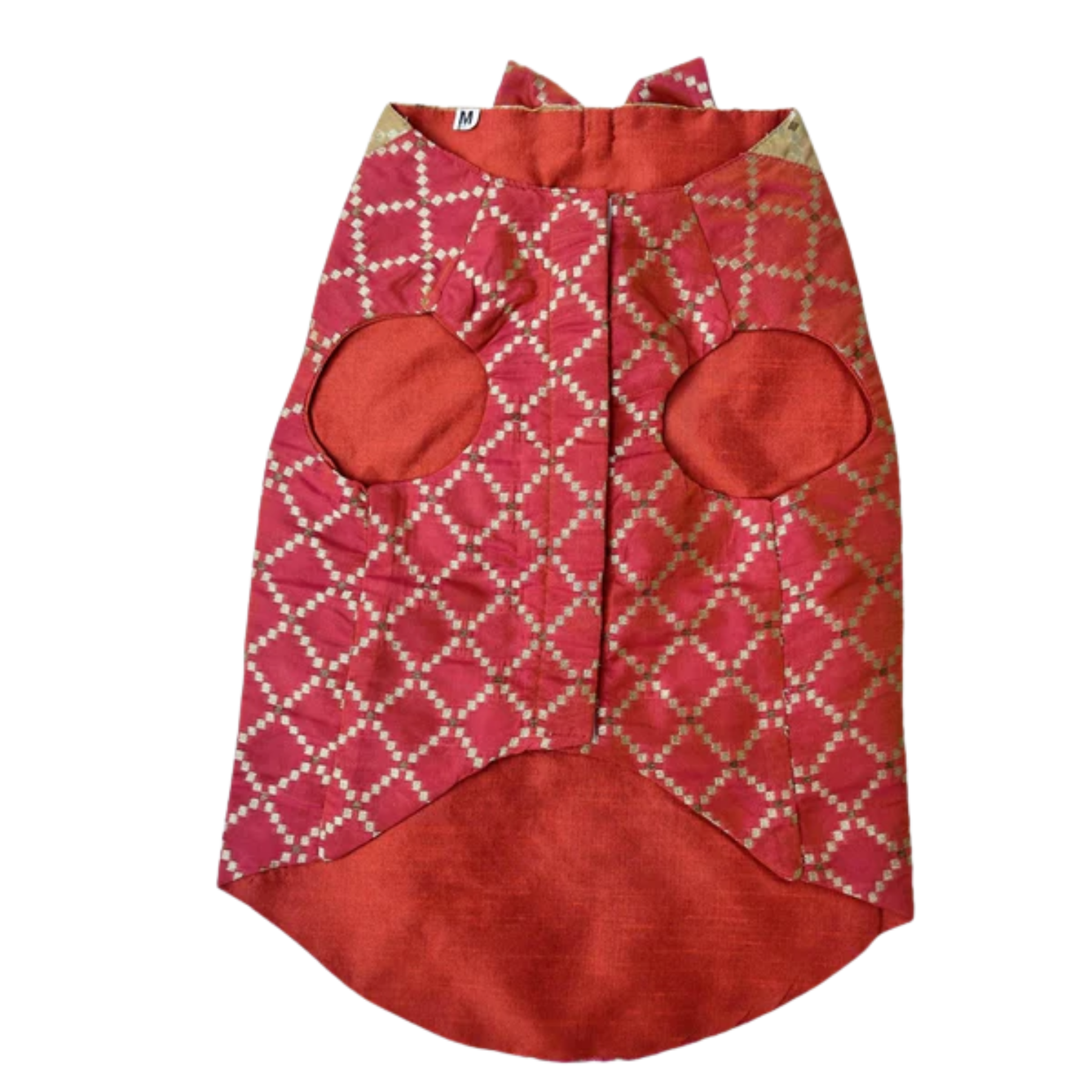 TWO TONE RED BROCADE BOW DOG SHERWANI + RED BONE RAKHI FOR DOGS AND CATS