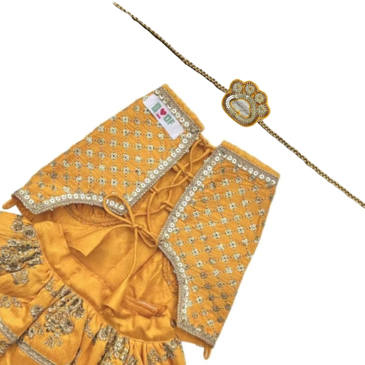 SUN YELLOW GOLD DOG LEHENGA+YELLOW PAW-SOME RAKHI FOR DOGS AND CATS