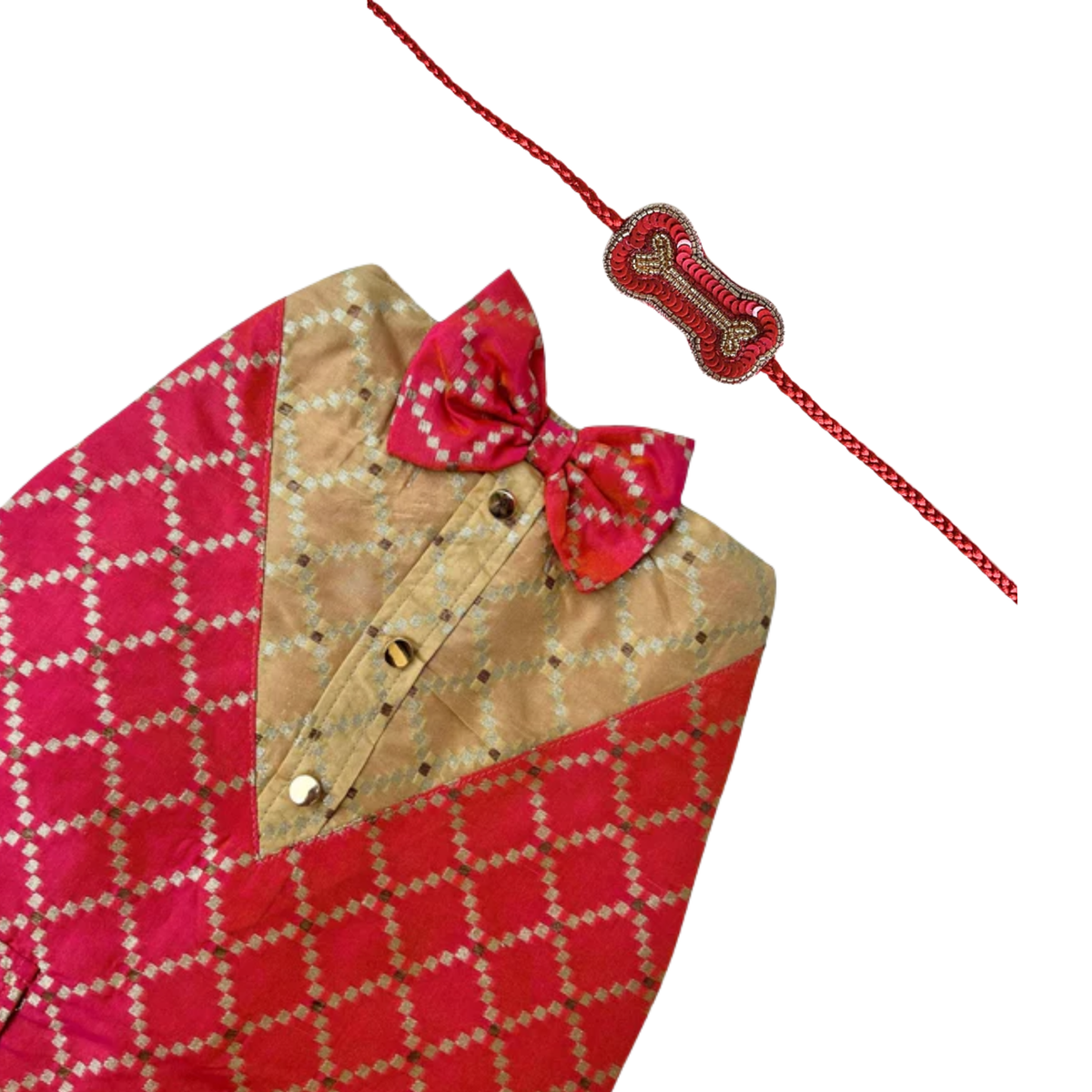 TWO TONE RED BROCADE BOW DOG SHERWANI + RED BONE RAKHI FOR DOGS AND CATS