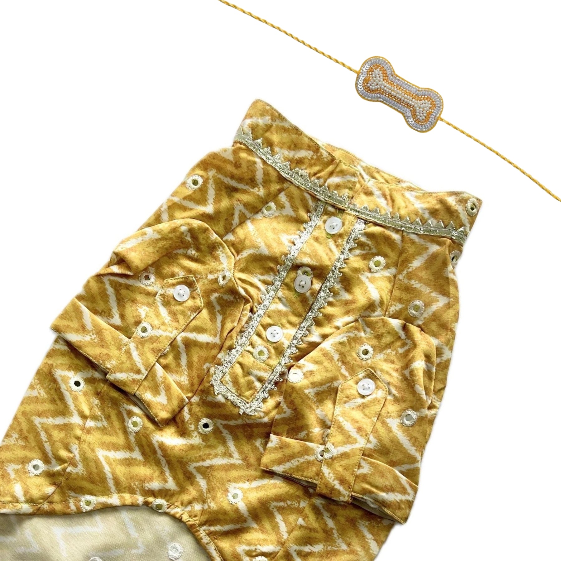 YELLOW CHEVRON MIRROR DOG KURTA+SILVER YELLOW PEARL BONE RAKHI FOR DOGS AND CATS
