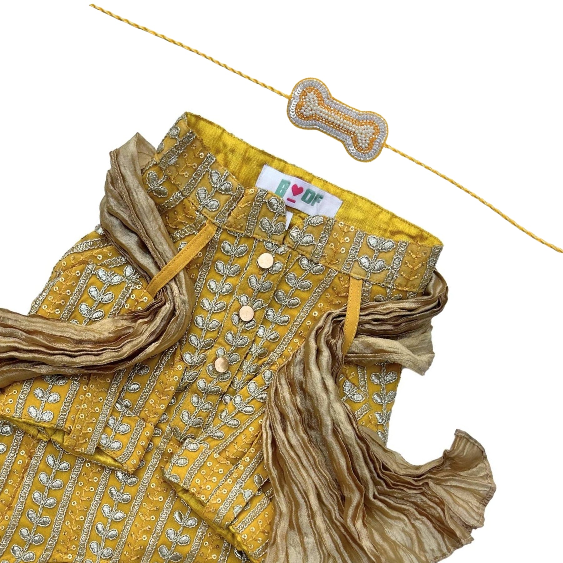 YELLOW LEAF DOG KURTA+SILVER YELLOW PEARL BONE RAKHI FOR DOGS AND CATS