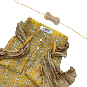 YELLOW LEAF DOG KURTA+SILVER YELLOW PEARL BONE RAKHI FOR DOGS AND CATS
