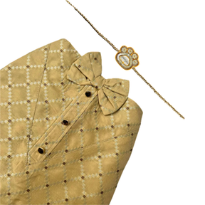 GOLD BROCADE BOW DOG SHERWANI + YELLOW PAW-SOME RAKHI FOR DOGS AND CATS