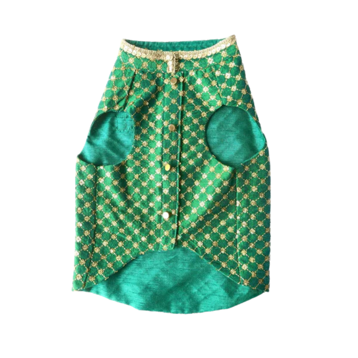 EMERALD GREEN GOLD DOG SHERWANI + GREEN HEART RAKHI FOR DOGS AND CATS